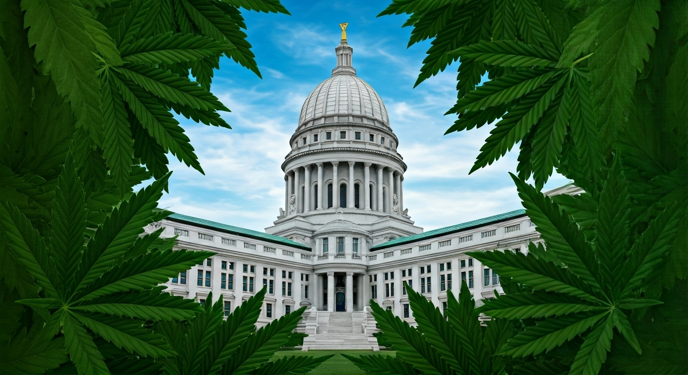Wisconsin capitol with cannabis leaves