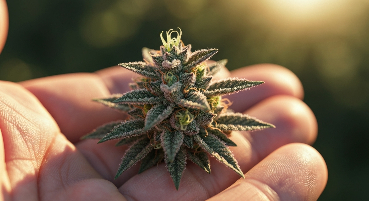 THCA flower bud in hand outdoors