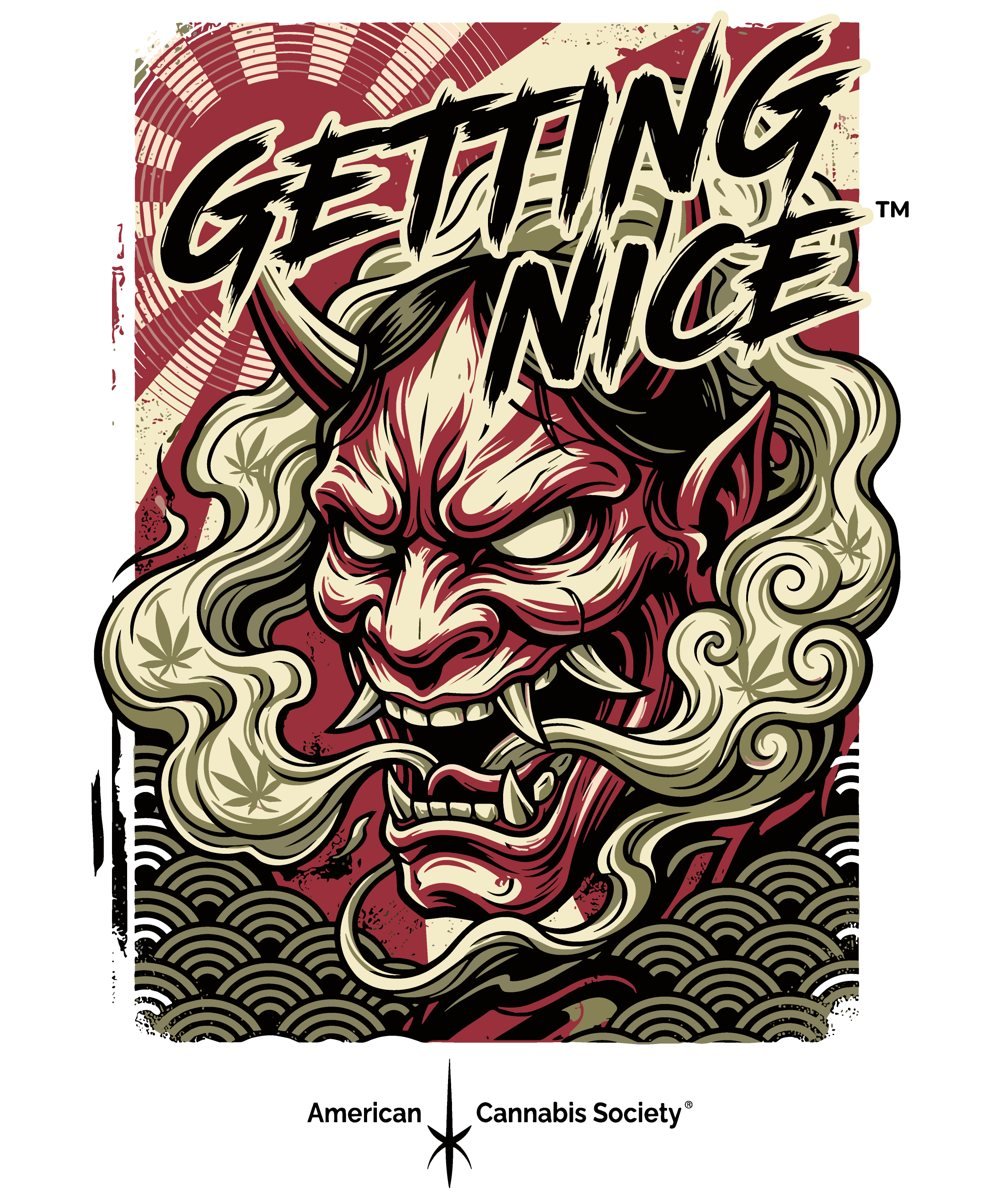 Getting Nice™ weed shirt design — red oni mask with cannabis leaf smoke, American Cannabis Society® at THCfactor.com