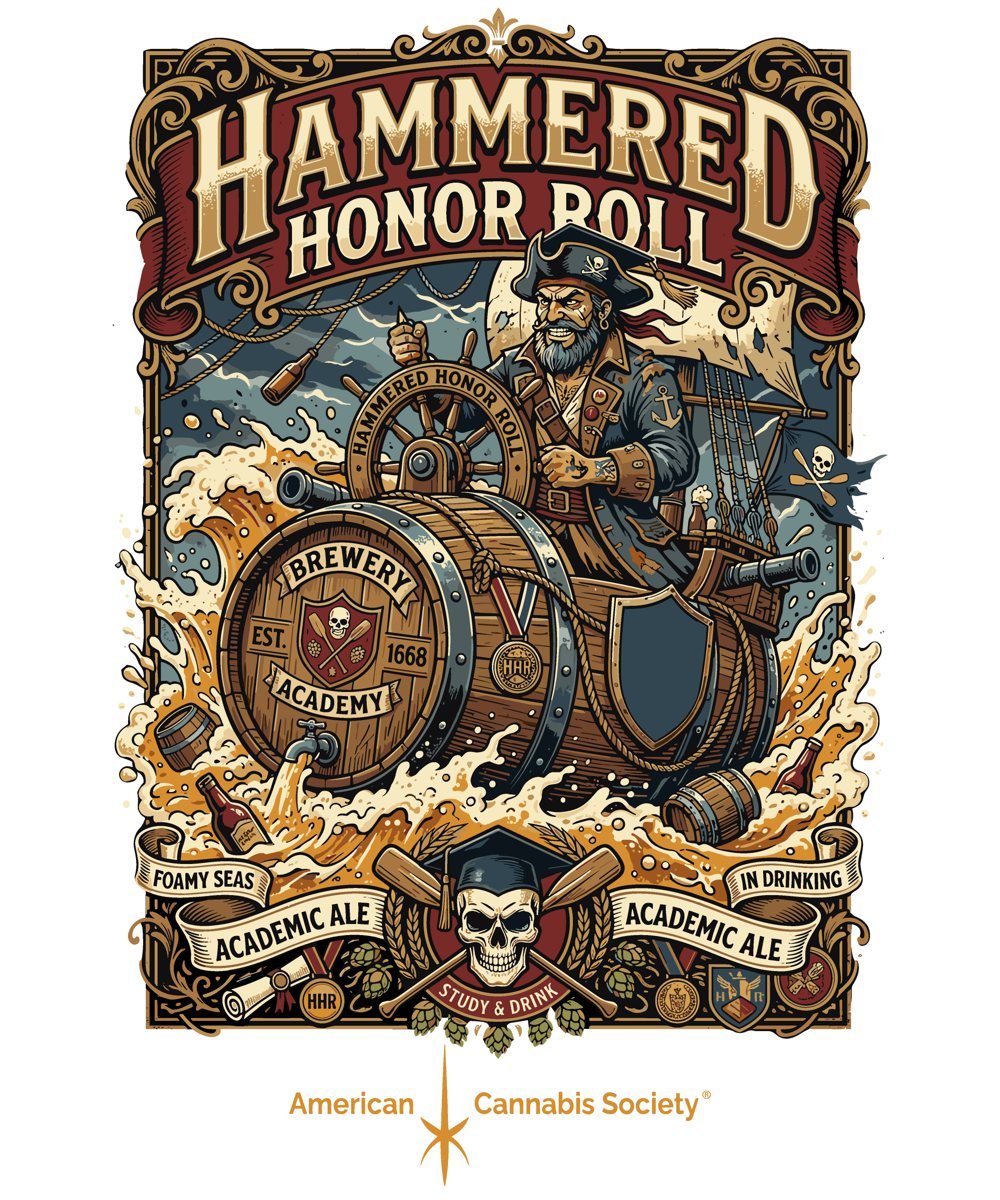 Hammered Honor Roll cannabis clothing design — pirate on a beer barrel, American Cannabis Society® at THCfactor.com