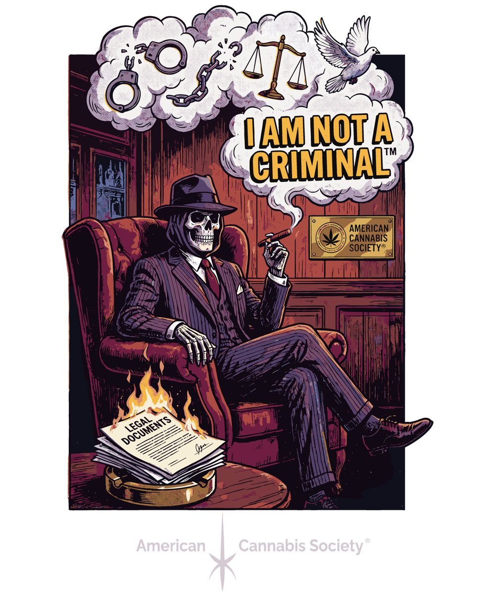 I Am Not A Criminal™ THC apparel design — skeleton in a pinstripe suit, American Cannabis Society® at THCfactor.com